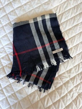 Burberry Navy Plaid Lightweight Scarf with White Stripes and Red Trim NWOT